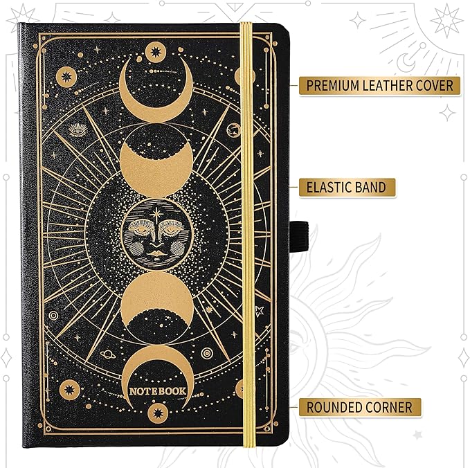 Artfan Ruled Notebook/Journal – Premium Thick Paper Classic Writing Notebook with Pocket + Page Dividers Gifts, Banded, Large, 128 Pages, Hard Cover, Lined (5.3" x 8.26") - Sun and Moon