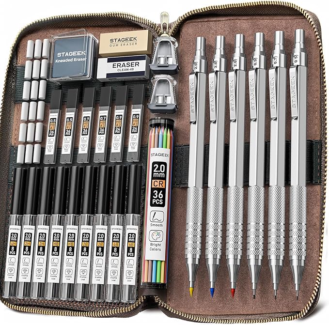 30PCS Silver Metal Mechanical Pencil Set in Leather Case, 0.5/0.7/0.9/2.0mm Art Drafting Pencils with 16 Tubes Graphite Leads (6B 4B 2B HB 2H 4H) & Colored Refills for Sketching, Drawing, Writing
