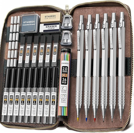 30PCS Silver Metal Mechanical Pencil Set in Leather Case, 0.5/0.7/0.9/2.0mm Art Drafting Pencils with 16 Tubes Graphite Leads (6B 4B 2B HB 2H 4H) & Colored Refills for Sketching, Drawing, Writing