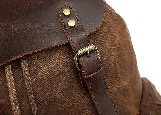 Genuine Leather Canvas waxed Backpack Travel Rucksack Laptop Bag Army Green