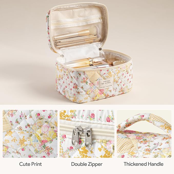 HBselect Quilted Makeup Bag, 3Pcs Cotton Large Travel Makeup Bags Organizer | Cute Floral Make up Bag Cosmetic Bag Toiletry Bag for Women Girls, Makeup Pouch for Skincare, Brushes & Travel Essentials