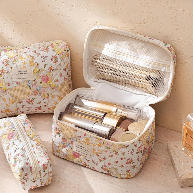 HBselect Quilted Makeup Bag, 3Pcs Cotton Large Travel Makeup Bags Organizer | Cute Floral Make up Bag Cosmetic Bag Toiletry Bag for Women Girls, Makeup Pouch for Skincare, Brushes & Travel Essentials