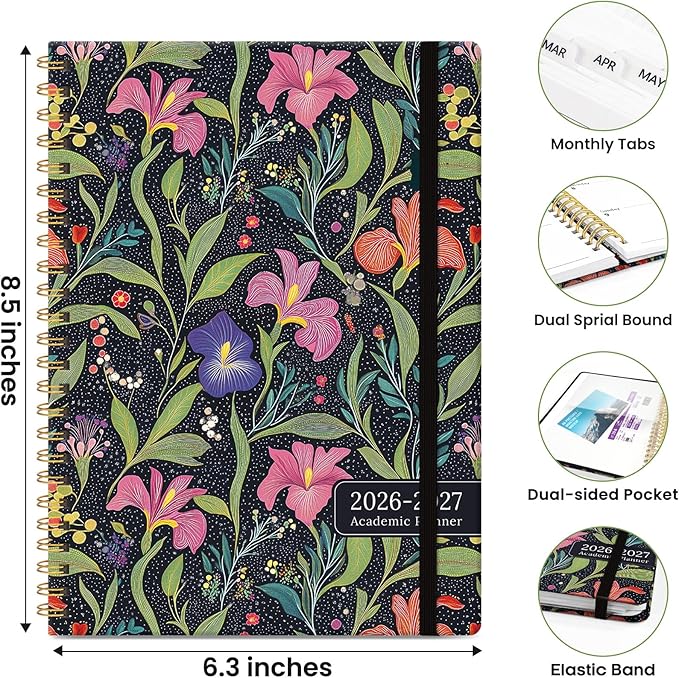 Planner 2026-2027, Academic Planner Weekly and Monthly, Jul 2026 - Jun 2027, Spiral Bound School Planning Tool with Tabs and Pocket, Perfect for Students & Teacher, 6.3" x 8.5", Floral Starlight