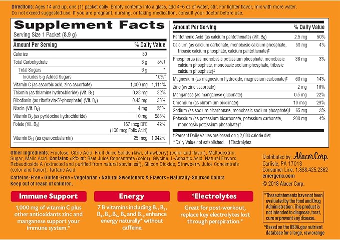 Emergen-C 1000mg Vitamin C Immune Support Powder Strawberry Kiwi 30CT Includes Zinc, Manganese, 7 B Vitamins and Electrolytes for Back to School Essentials (Pack of 12)