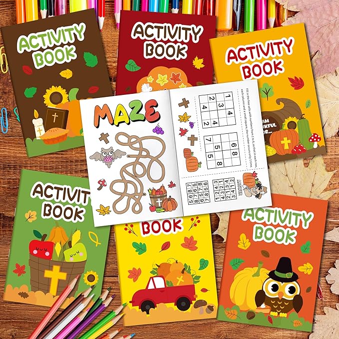 JAPBOR Fall Religious Coloring Books - 24PCS Mini Autumn Christian Activity Color Book Bulk for Kids Party Favors, Thanksgiving Bible Small Colour Pages for Sunday School Church Drawing Painting Games