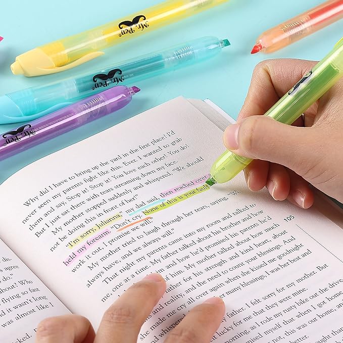 Mr. Pen- Retractable Highlighters, 6 Pack, Pastel Colors, Chisel Tip Highlighter Marker Set, Click Highlighter Markers for Classroom, Journaling, Study Supplies, No Bleed On Standard Pages