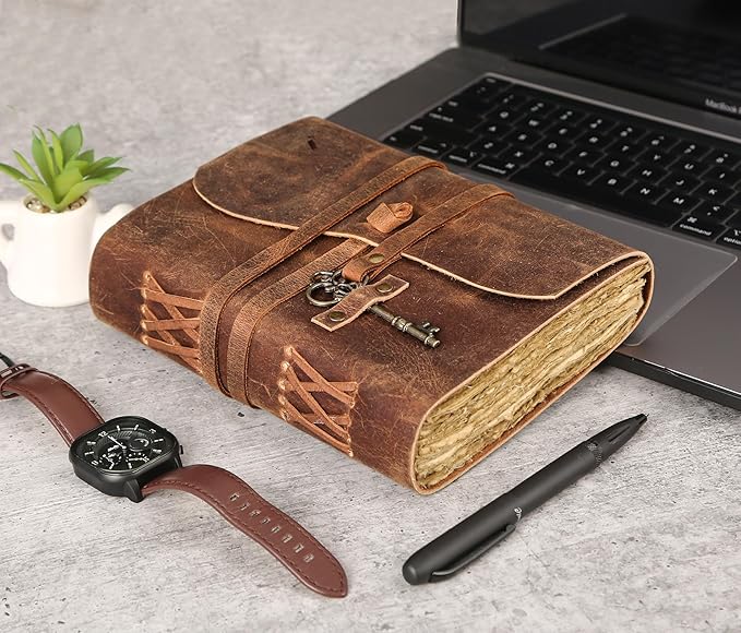 Leather Journal with Deckle Edge Paper 8x6 inch and Vintage Key | Handmade Writing Notebook Diary | Bound Daily Notepad for Men & Women Medium, Sketch/Writing pad for Artists