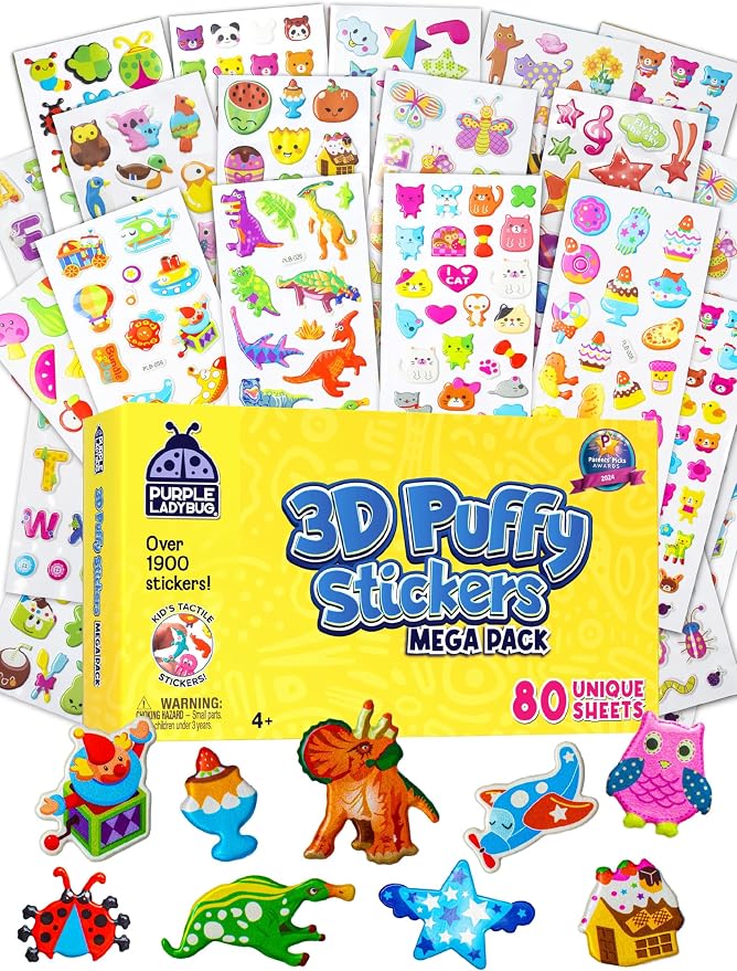 Purple Ladybug 1900+ Puffy Sticker Collection for Kids 4-8 - 80 Unique Reusable Sheets, Creative 3D Designs - Reward Stickers, Arts & Crafts Set, Travel Activities, Road Trip Essentials & Toys