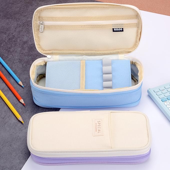 Large Capacity Canvas Pencil Case Organizer Holder Pouch Bag with Zipper Compartments, Pen Cases for Women Girls School Adults (Beige/Blue)