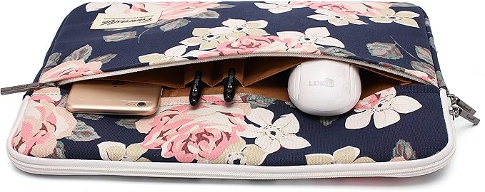 Canvaslife White Rose Pattern 13 inch Canvas Laptop Sleeve with Pocket 13 inch 13.3 inch Laptop case 13.1 case 13.6sleeve