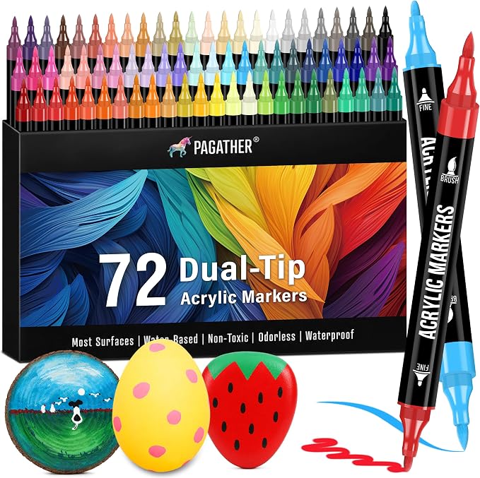 Pagather Acrylic Paint Markers, 72 Colors Dual Tip Fine & Brush Pens Set