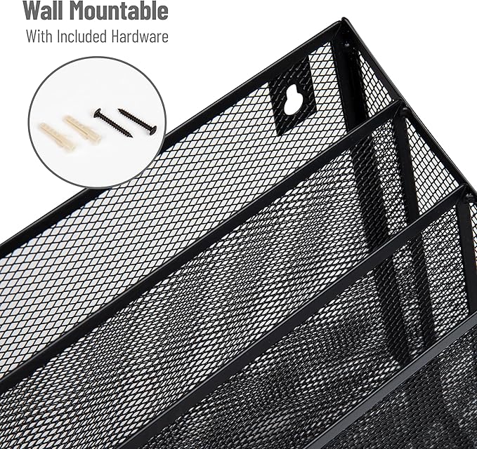 Mind Reader Vertical File Storage, Desktop Organizer, Wall Mount, Office, Metal Mesh, Black