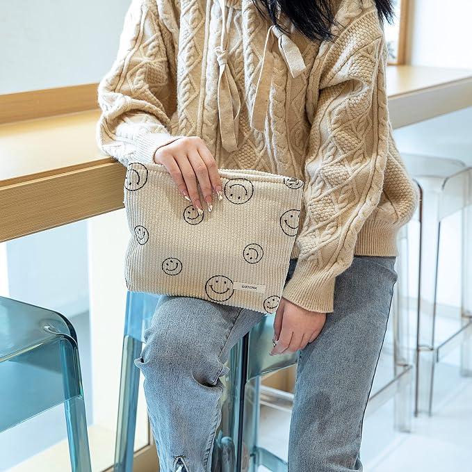 Makeup Bag For Women - Corduroy Cosmetic Bags Aesthetic Design Ladies Tote pouch Women's Pencil Case,Cute Smiley Face Makeup Organizer with Zipper (Beige)