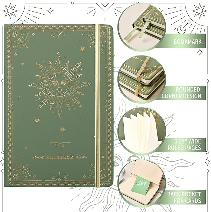 Artfan Ruled Notebook/Journal – Premium Thick Paper Faux Leather Classic Writing Notebook with Pocket + Page Dividers Gifts, Banded, Large, 144 Pages, Hard Cover, Lined (5.8 x 8.4) - Green