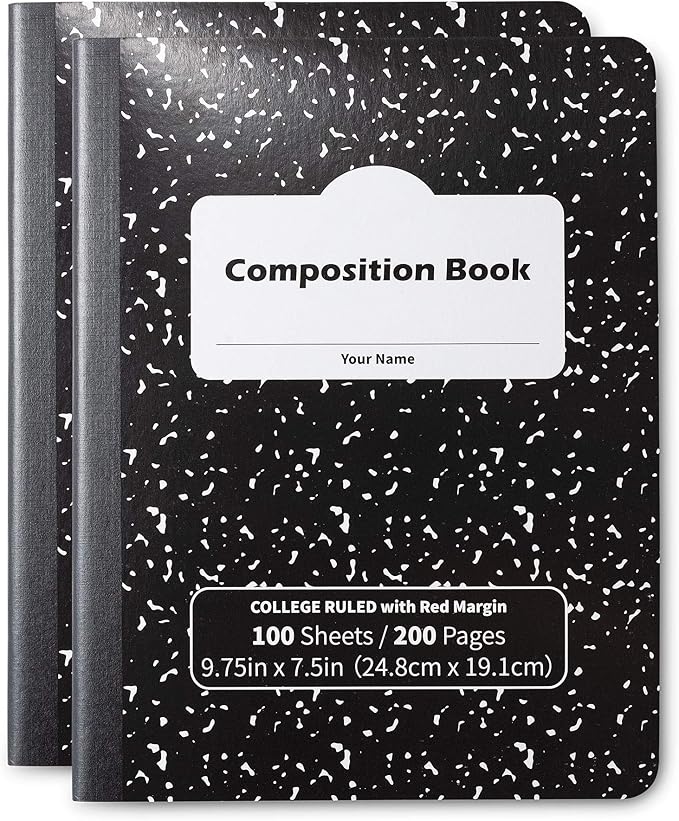 Composition Books, Notebooks, College Ruled Paper, 100 Sheets, Comp Book, 100 Sheets (200 Pages), Black Marble, 2 PACK
