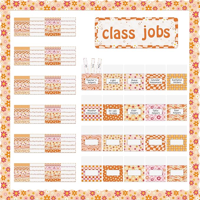 WATINC 97pcs Class Jobs Bulletin Board Set, Classroom Jobs Chart with Name Tags, Back to School Schedule Boards Pocket Chore Behavior Chart for Classroom Chalkboard Walls Decoration (Groovy Print)