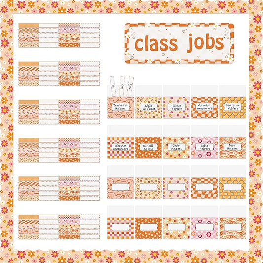 WATINC 97pcs Class Jobs Bulletin Board Set, Classroom Jobs Chart with Name Tags, Back to School Schedule Boards Pocket Chore Behavior Chart for Classroom Chalkboard Walls Decoration (Groovy Print)