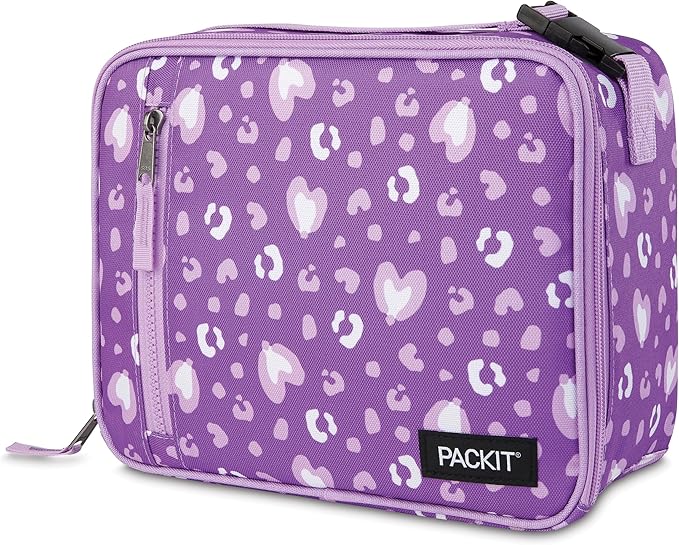 PackIt Freezable Classic Lunch Box, Leopard Hearts Purple, Built with EcoFreeze Technology, Collapsible, Reusable, Zip Closure With Front Pocket and Buckle Handle, Designed for Fresh Lunch On the Go