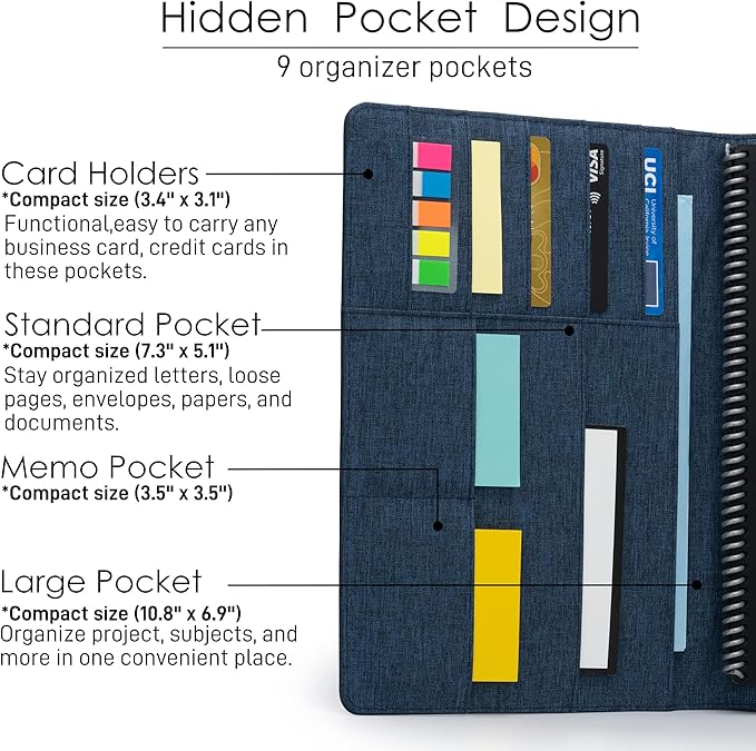 Folio Cover Compatible with Rocketbook Fusion, Panda, Everlast, Waterproof Fabric, Multi Organizer with Pen Loop, Zipper Pocket, Business Card Holder, fits A4 Size Notebook, Blue