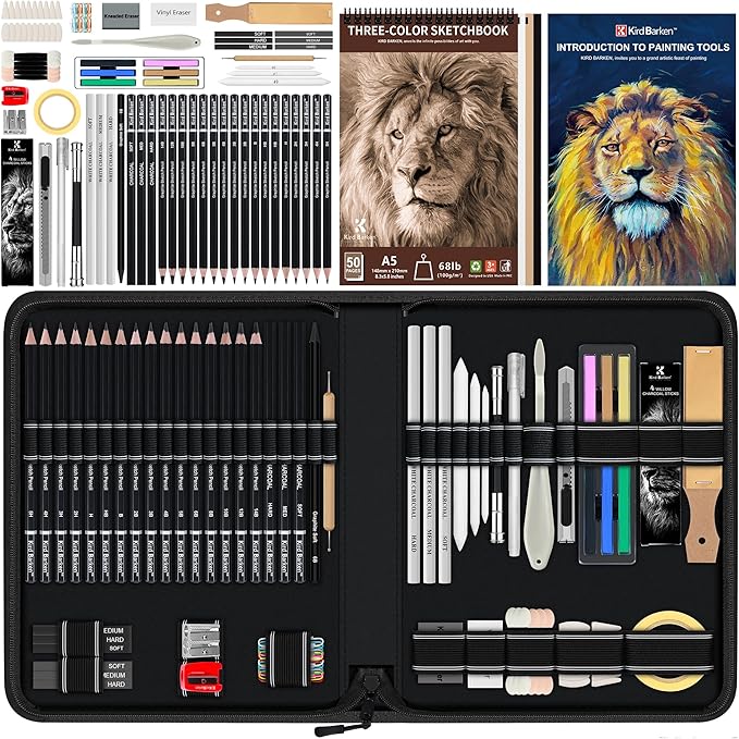 Kird Barken 112 PCS Professional Drawing Set Sketch Kit with 3-Color Sketchbook, Graphite & Charcoal Pencils,Sketching Supplies for Shading & Blending – Ideal for Artists, Adults, Teens & Beginners