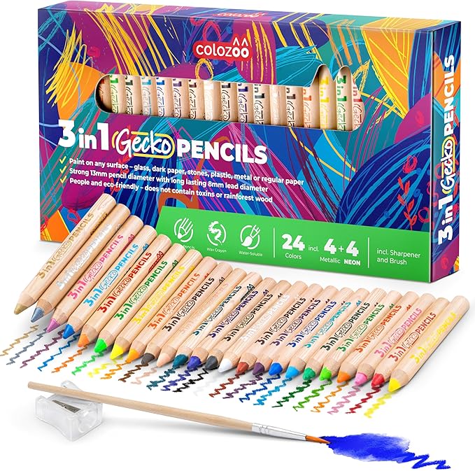 3 In 1 Color Pencil Set for Kids -24 Colored Pencil for Toddlers. Fat Coloring Pencils with Brush and Sharpener - Non-Toxic and Vegan Cute Color Pencils Perfect for Toddler Art Supplies