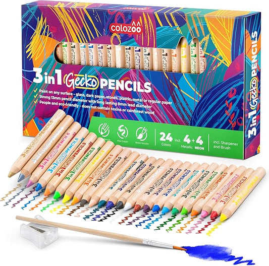3 In 1 Color Pencil Set for Kids -24 Colored Pencil for Toddlers. Fat Coloring Pencils with Brush and Sharpener - Non-Toxic and Vegan Cute Color Pencils Perfect for Toddler Art Supplies