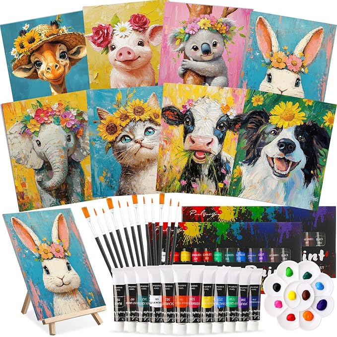 Cholemy 36 Pcs Paint and Sip Kit for Adults 8''x10'' Pre Drawn Canvas for Painting DIY Afro Acrylic Painting Kit Wood Easel Brushes Date Night Bulk for Father's Day Party Gifts(Flower Animals)