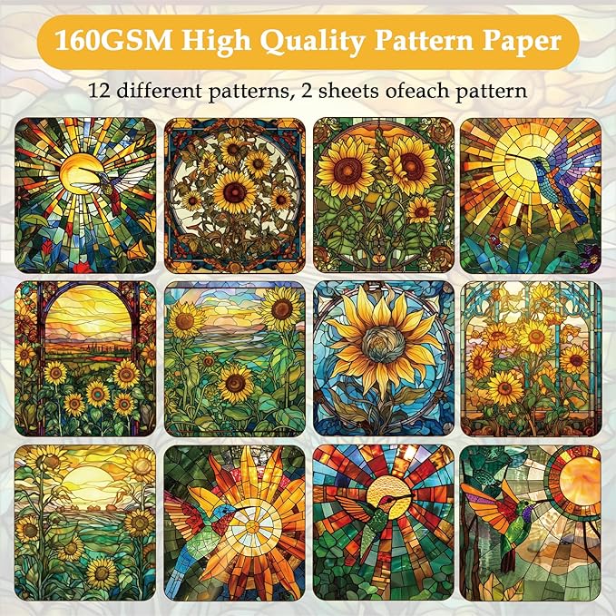 Scrapbook Paper,24 Sheets 6"x 6" Vintage Scrapbook Supplies,Single-Sided Pattern Decorative Cardstock Paper for Junk Journal,Card Making,DIY Album, Art Journaling,Decoupage Craft,Glass Sunflower