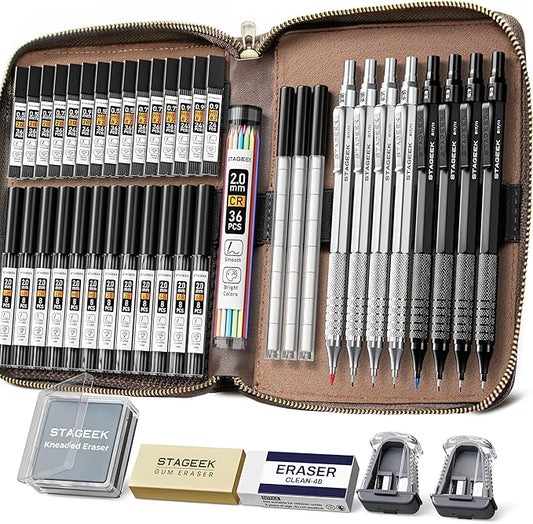 STAGEEK 45PCS Black & Silver Metal Mechanical Pencil Set in Leather Case, 0.5, 0.7, 0.9, 2.0mm Drafting Pencils with 28 Tubes(6B 4B 2B HB 2H 4H & Colors)Lead Refills for Art Drawing, Sketching,Writing