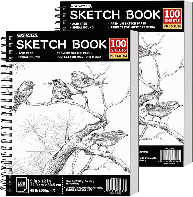 FIXSMITH 9"X12" Sketch Book | 200 Sheets (68 lb/100gsm) Sketchbook| 2 Pack (100 Sheets Each) |Acid Free Drawing Paper | Spiral Bound Sketchpad for Beginners,Artists & Professionals | Bright White