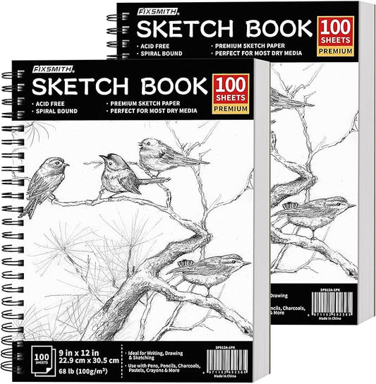 FIXSMITH 9"X12" Sketch Book | 200 Sheets (68 lb/100gsm) Sketchbook| 2 Pack (100 Sheets Each) |Acid Free Drawing Paper | Spiral Bound Sketchpad for Beginners,Artists & Professionals | Bright White