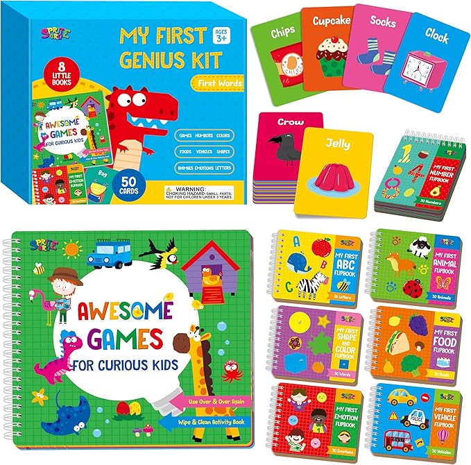 Kids Learning Flipbooks, 8 Board Books & 50 First Word Cards - Alphabet, Numbers, Colors, Shapes, Emotions, Animals, Vehicles & Fun Games Activities, Early Educational Learning Tool For Kids, Children