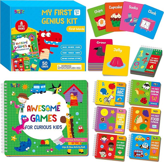 Kids Learning Flipbooks, 8 Board Books & 50 First Word Cards - Alphabet, Numbers, Colors, Shapes, Emotions, Animals, Vehicles & Fun Games Activities, Early Educational Learning Tool For Kids, Children