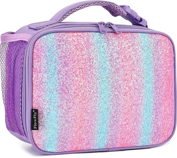 FlowFly Kids Lunch box Insulated Soft Bag Mini Cooler Back to School Thermal Meal Tote Kit for Girls, Boys,Purple#Glitter
