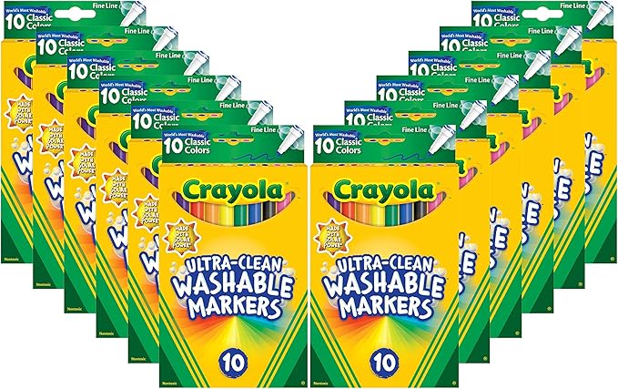 Crayola Ultra Clean Washable Markers - 12 Pack (10ct), Bulk Fine Line Markers for Classrooms, Kids, Nontoxic