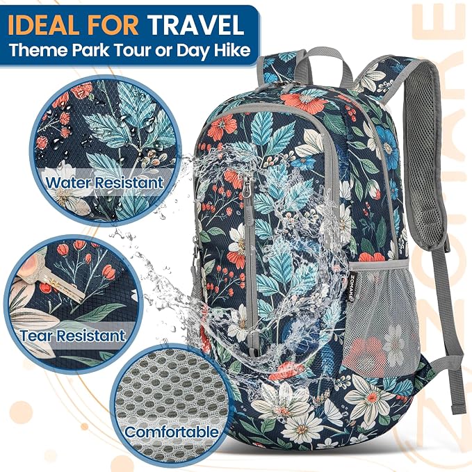 ZOMAKE Lightweight Packable Backpack 25L, Foldable Hiking Daypack | Water Resistant Small Folding Backpacks for Travel, Everyday Carry, Multi-Pocket Layout, Breathable Shoulder Strap