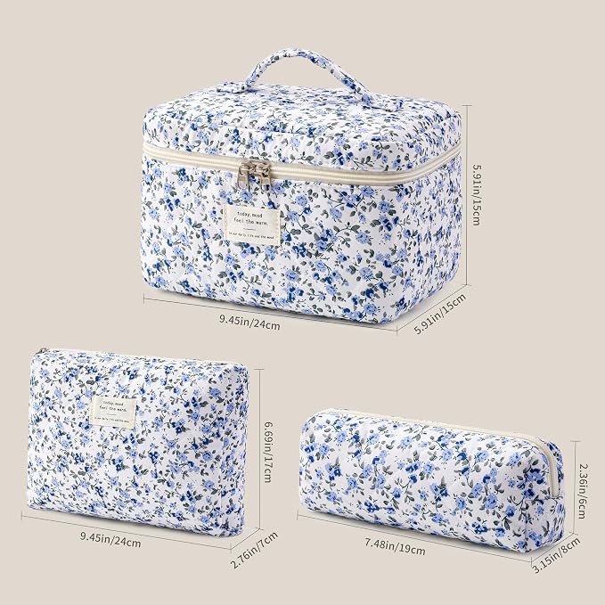 HBselect Quilted Makeup Bag, 3Pcs Cotton Large Travel Makeup Bags Organizer | Cute Floral Make up Bag Cosmetic Bag Toiletry Bag for Women Girls, Makeup Pouch for Skincare, Brushes & Travel Essentials