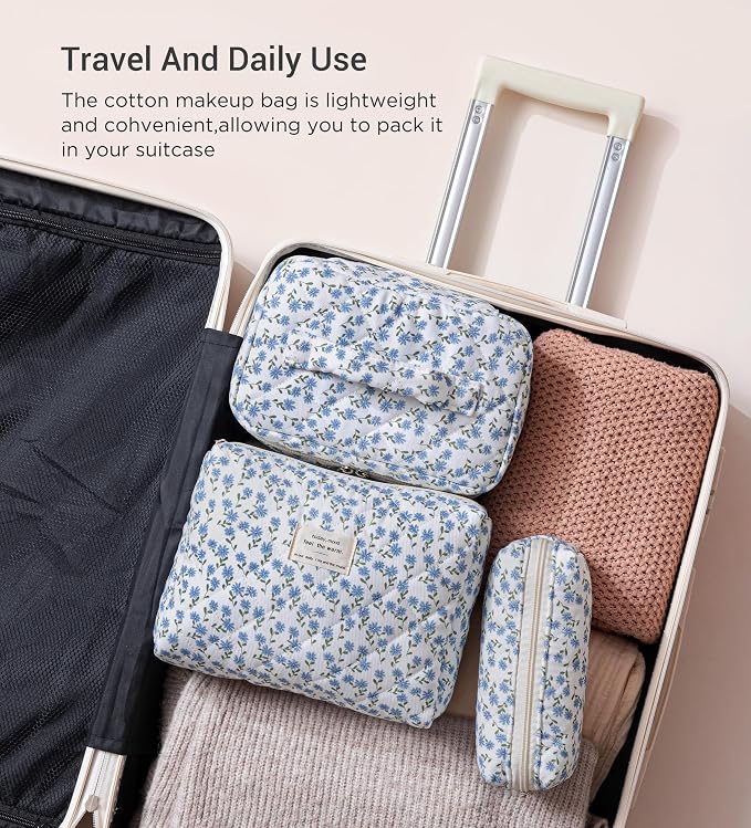 HBselect Quilted Makeup Bag, 3Pcs Cotton Large Travel Makeup Bags Organizer | Cute Floral Make up Bag Cosmetic Bag Toiletry Bag for Women Girls, Makeup Pouch for Skincare, Brushes & Travel Essentials