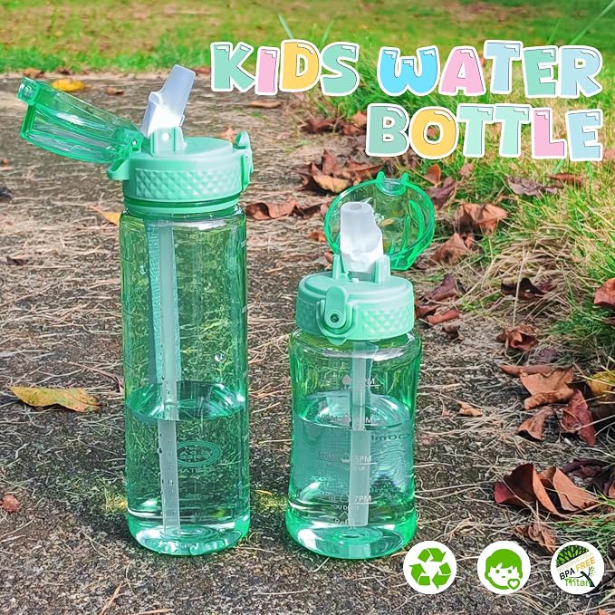 OLDLEY 12oz Kids Water Bottle, Tritan BPA-Free, Leakproof Flip Straw Lid, Motivational Time Marker, Carry Strap, Reusable Clear Water Bottle for Boys & Girls,Glow Green