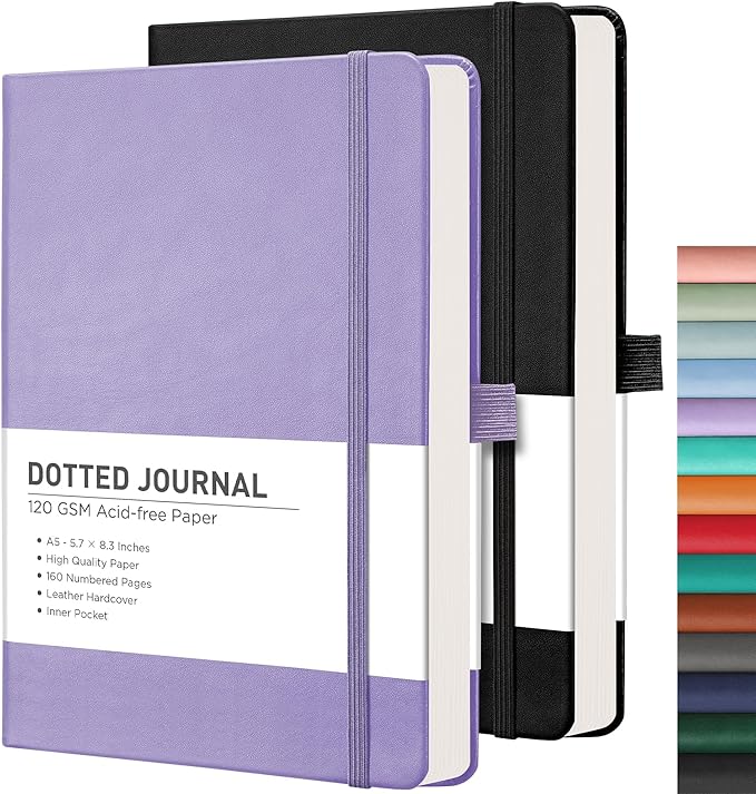 RETTACY Dotted Journal Notebook, 2-Pack, 160 Numbered Pages per Pack, A5 Medium Size (5.7'' x 8.3''), 120 GSM Thick Paper, Leather Hardcover, for Journaling, Planning, Tracking (Black & Purple)