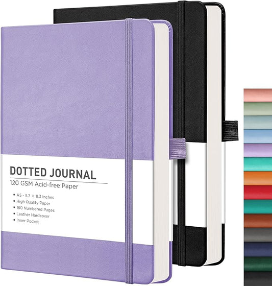 RETTACY Dotted Journal Notebook, 2-Pack, 160 Numbered Pages per Pack, A5 Medium Size (5.7'' x 8.3''), 120 GSM Thick Paper, Leather Hardcover, for Journaling, Planning, Tracking (Black & Purple)