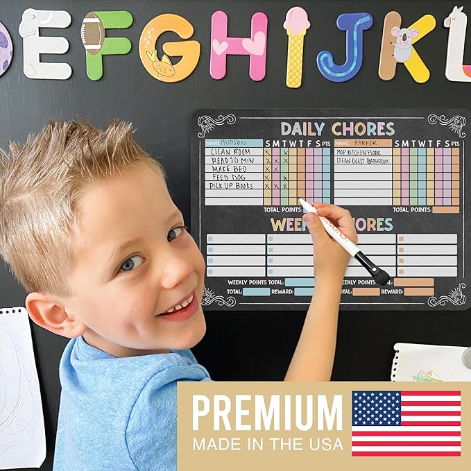 Hadley Designs Magnetic Chore Chart for Kids Multiple - Chores Board for Refrigerator, Dry Erase Task Chart for 2 Kids Daily Behavior, Family Weekly Planner for Teen and Adults, Chalkboard Chore Board
