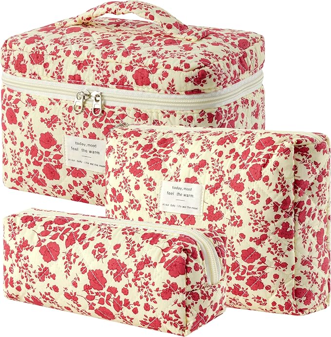 HBselect Quilted Makeup Bag, 3Pcs Cotton Large Travel Makeup Bags Organizer | Cute Floral Make up Bag Cosmetic Bag Toiletry Bag for Women Girls, Makeup Pouch for Skincare, Brushes & Travel Essentials
