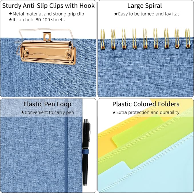 Ospelelf Foldable Spiral Clipboard Folio with Storage Zipper Pouch, 5 Plastic Folders with 10 Pockets, Refillable Lined Notepad (11" x 8.5"), Linen Hardcover Project Organizer(Haze Bule)