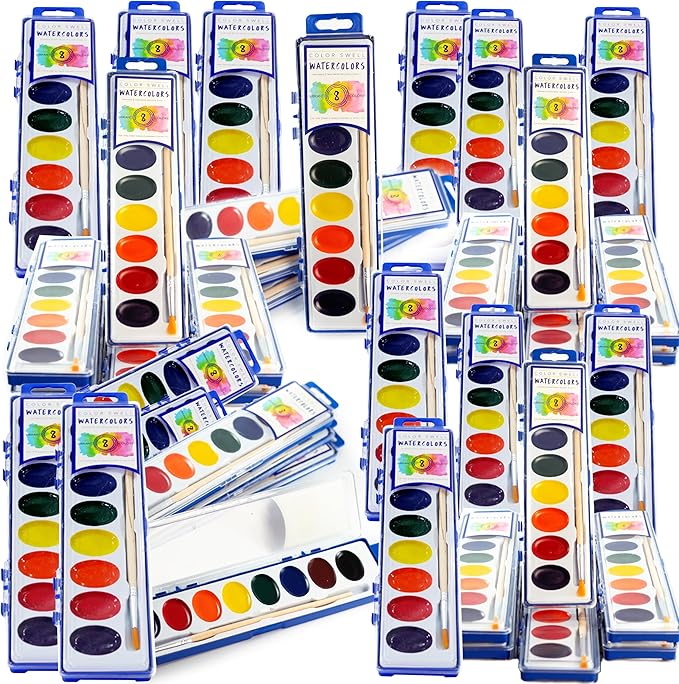 Color Swell Bulk Watercolor Paint Sets with Wood Brushes, 20 Pack, 8 Washable Colors Each, Safe and Nontoxic, for Kids, Classrooms, Parties