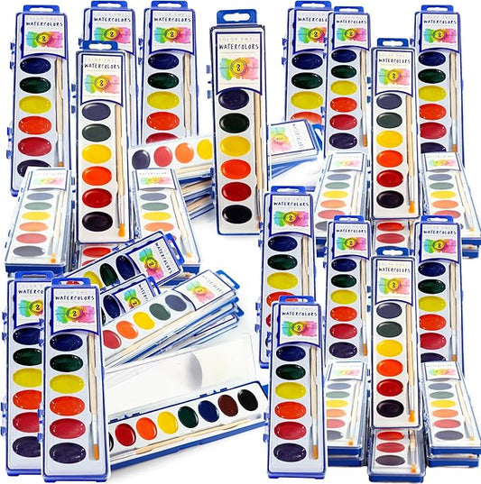 Color Swell Bulk Watercolor Paint Sets with Wood Brushes, 20 Pack, 8 Washable Colors Each, Safe and Nontoxic, for Kids, Classrooms, Parties