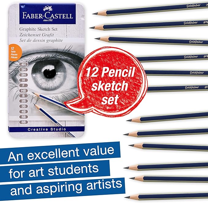Faber-Castell Graphite Pencils Drawing Set: 12 Art Pencils for Sketching (4H, 3H, 2H, H, F, HB, B, 2B, 3B, 4B, 5B, and 6B), Shading Kit