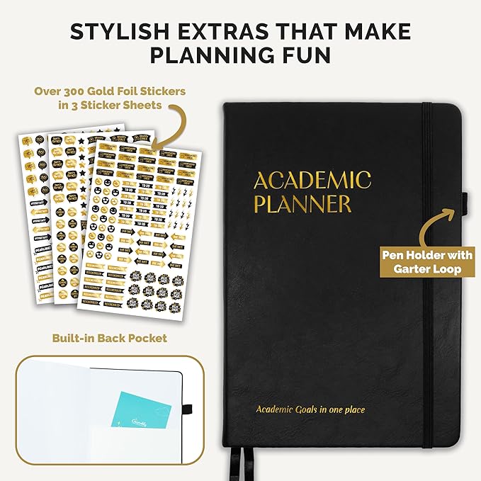 Decorably 240 Pages Gold Foil Monthly & Weekly Undated College Student Planner with Stickers, 6x8.6in Leatherette Hardcover with Goals, Priorities, to-dos, Habit Tracker & Notes - Home, School, Office