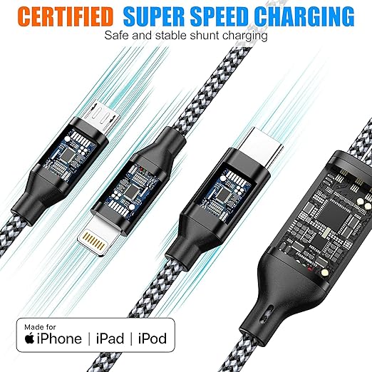 Multi Charging Cable 2ft 2Pack 3 in 1 Charger Cord, Short Multiple Rapid Nylon Braided Cable USB Charging Cable Multi Phone Charger Cord with Type C Micro Lightning USB Connectors for Cell Phones