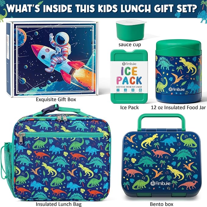 Fimibuke Bento Lunch Box for Kids Toddler Boys with 12OZ Insulated Food Jar | 3-Compartment 32OZ Snack Lunch Container Bento Box, Lunch Bag & Ice Pack Set for Age 3-12 School Daycare Camp, Dinosaur